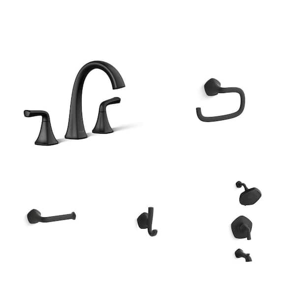 Sundae Matte Black Bathroom Set: 8 in. Widespread Faucet, Towel Ring, Toilet Paper Holder, Robe Hook, and Shower Faucet