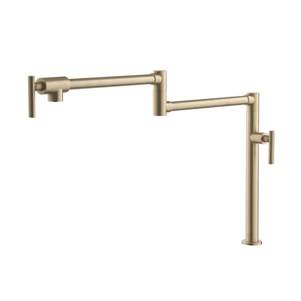 Single Hole 2-Handles Pot Filler Deck Mount Kitchen Pot Filler Faucet with Accessories in Gold