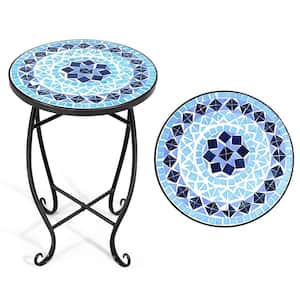 21 in. Blue Round Steel Outdoor Side Table Plant Stand Top Accent Steel Table Garden