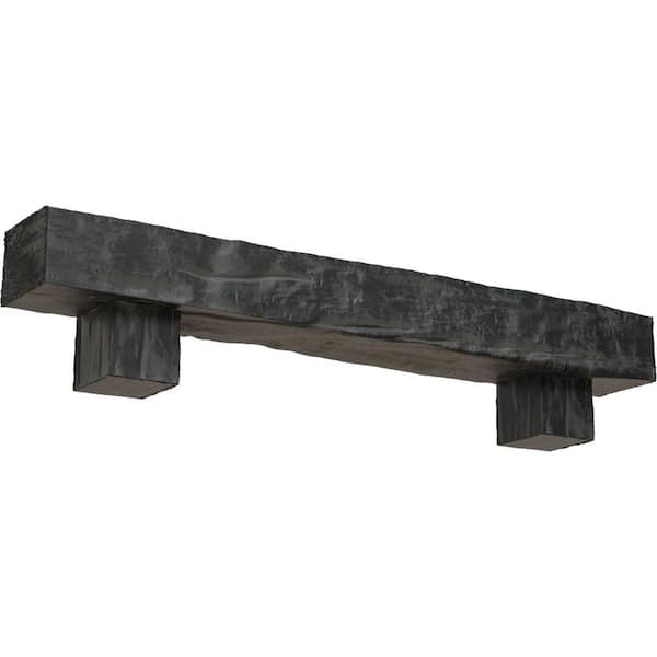 Ekena Millwork 4 in. x 4 in. x 6 ft. Riverwood Faux Wood Fireplace Mantel Kit with Alamo Corbels, Aged Ash