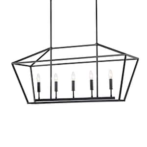5-Light Matte Black Linear Lantern Pendant Light Cage Farmhouse Chandelier