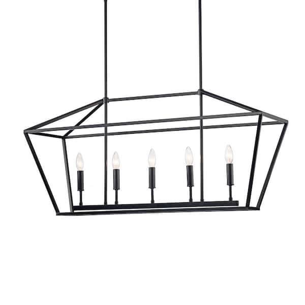 Edvivi 5-Light Matte Black Linear Lantern Pendant Light Cage Farmhouse Chandelier