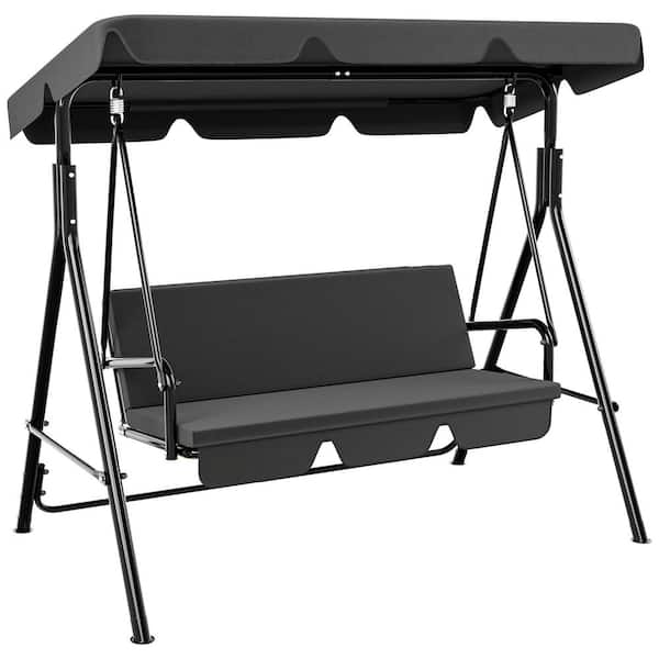 DEXTRUS 3-Person Black Metal Outdoor Patio Swing Chair with Adjustable Canopy and Removable Cushion