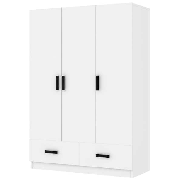 Nestfair 3-Door White Wood 47.2 in. Wardrobe Closet with 2-Drawers
