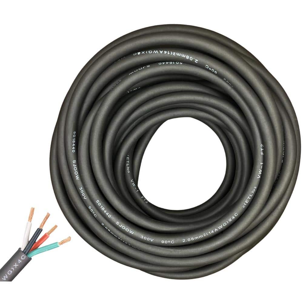 WindyNation 100 ft. 14/4 14-Gauge 4 Conductor 300-Volt Black SJOOW Cable  Cord 14G-4C-SJOOW-100 - The Home Depot
