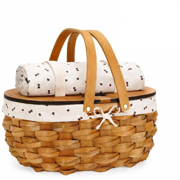 Natural Wood 2-Person Picnic Basket Set with Blanket, Tableware, and Removable Liner for Outdoor Dining