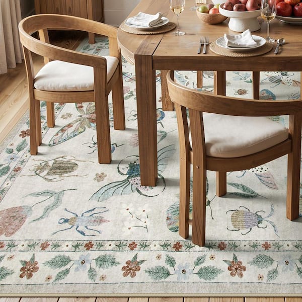 Washable Modern Insect Pattern Non Slip Beige 9 ft. x 12 ft. Living Room/Bedroom Indoor Area Rug