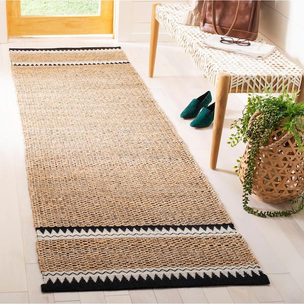 Natural Fiber Beige/Black 2 ft. x 12 ft. Woven Border Runner Rug