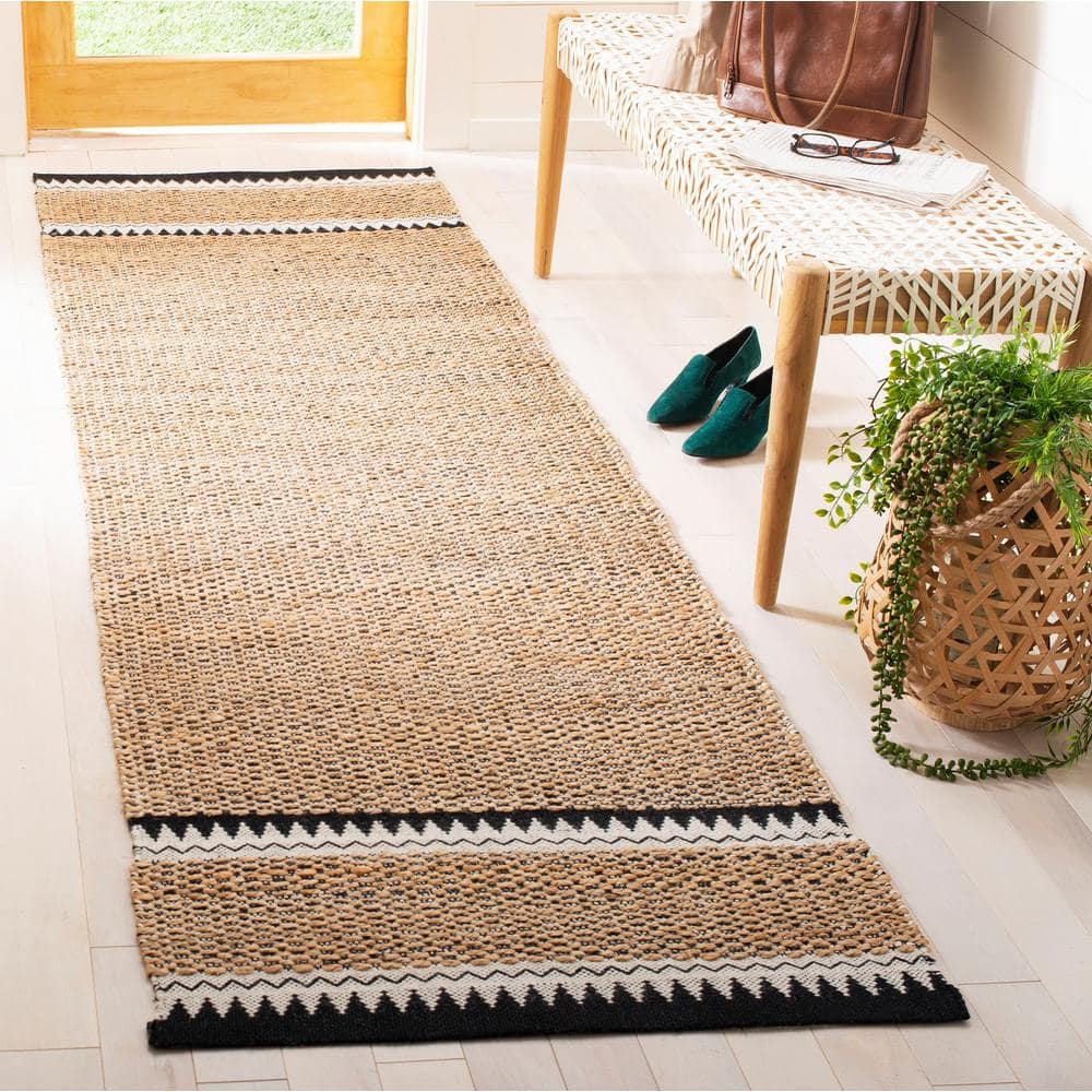 Natural and Black Geometric Wool Cotton Runner Rug