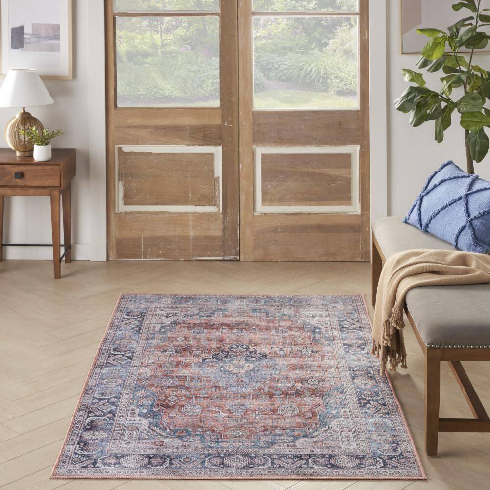 Blue Floral Rectangular Washable Synthetic Rug 5'3" x 7'3"