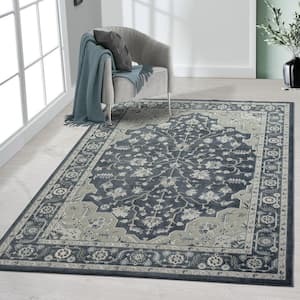 Imara Louis Navy Blue/Light Gray 5 ft. 3 in. x 7 ft. 6 in. Transitional Carved Border Polyester Area Rug