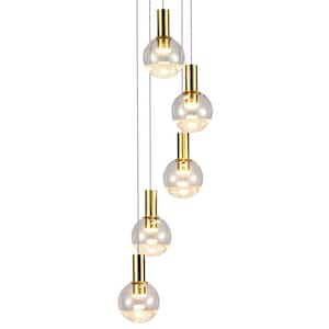 Sienna 9.5 in. 5-Light ETL Certified Integrated LED Chandelier Height Adjustable Pendant with Globe Shades, Brass