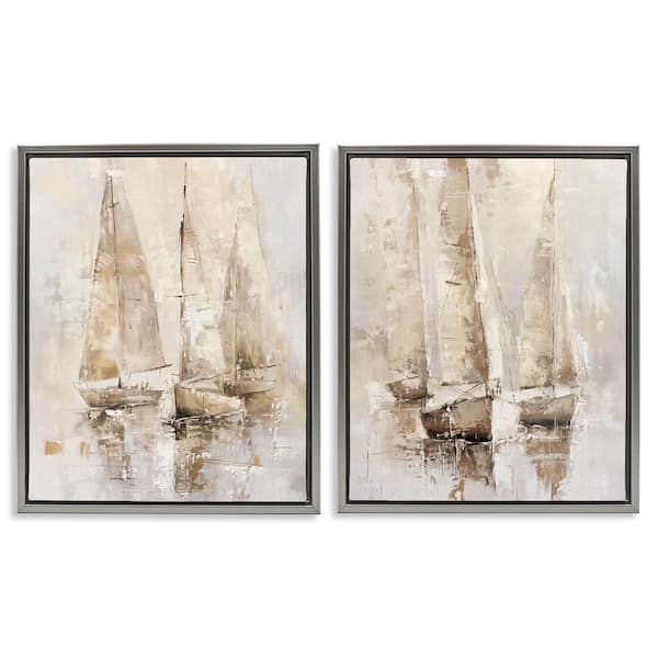 Neutral Toned Sailboats by Nina Blue 2-Pieces Gray Floater Frame Coastal Graphic Art Print 21 in. x 17 in.