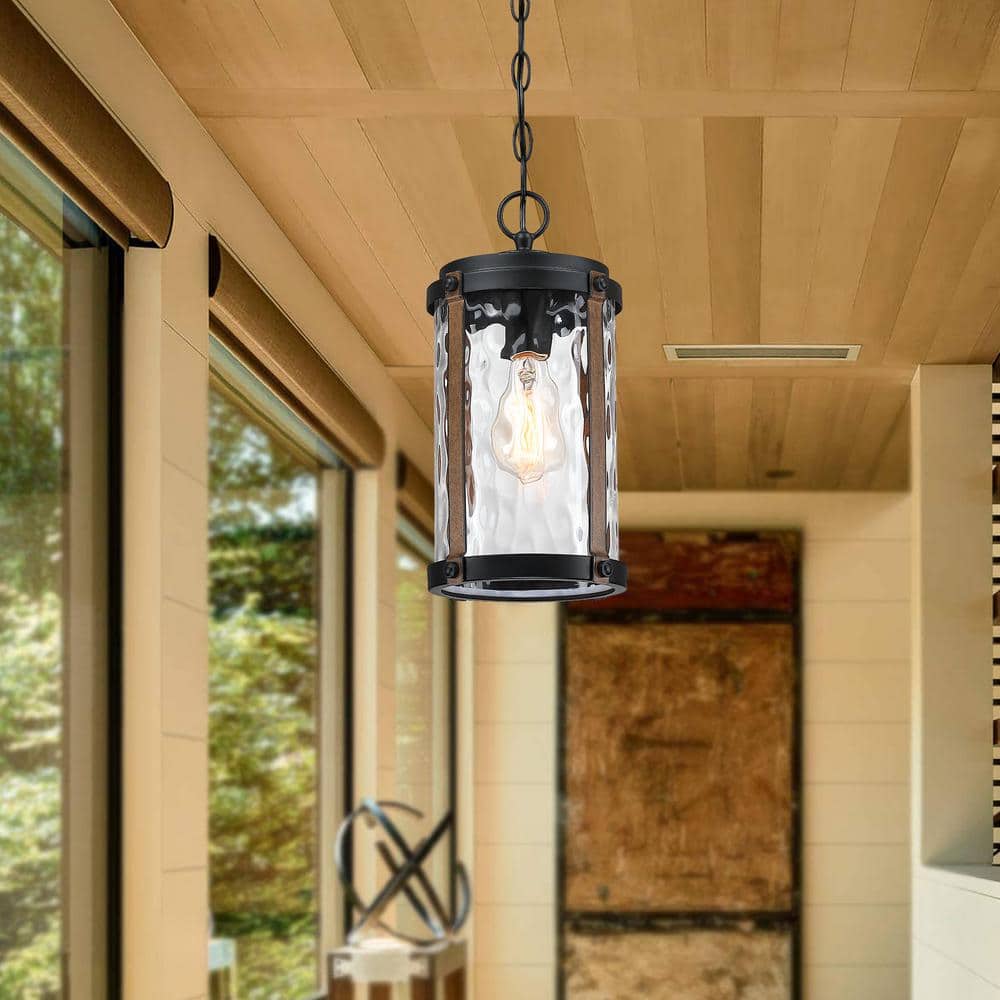 Alfa 1-Light Matte Black and Barnwood Accents Outdoor Hanging Lantern Pendant Light with Water Glass Shade price history on PriceWatchPro