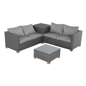4-Piece Wicker Outdoor Patio Conversation Set with Light Gray Cushions and Storage Box and Glass Coffee Table