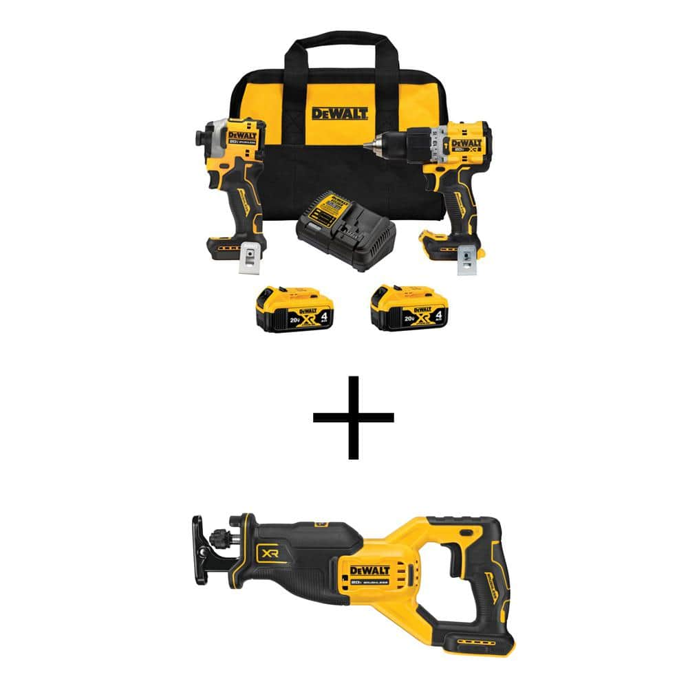 DEWALT 20V MAX XR Hammer Drill and ATOMIC Impact Driver Cordless Combo Kit (2-Tool) and Recip Saw w/(2) 4Ah Batteries