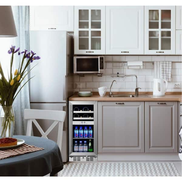 Signature 15 in. 8-Bottle and 40-Can Stainless Steel Single Door Dual Zone Built-In Wine and Beverage Cooler