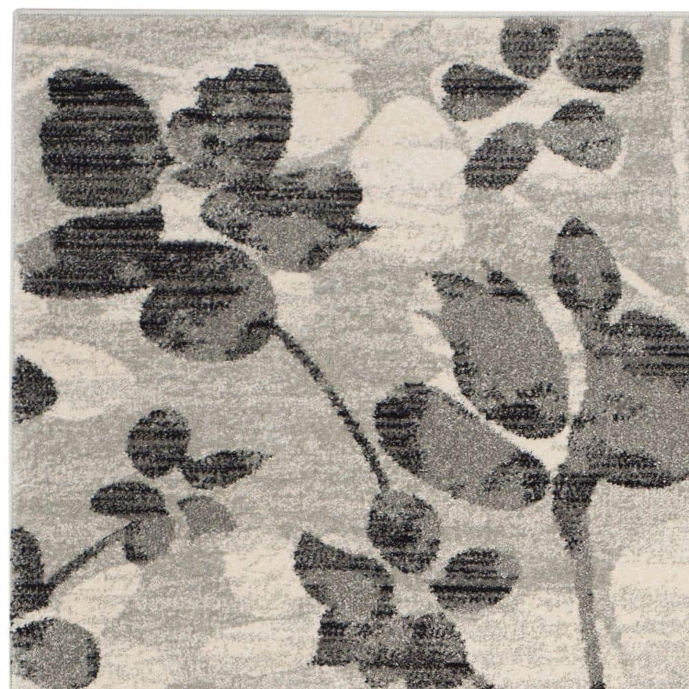 Grey and Black Floral Synthetic Rectangular Area Rug