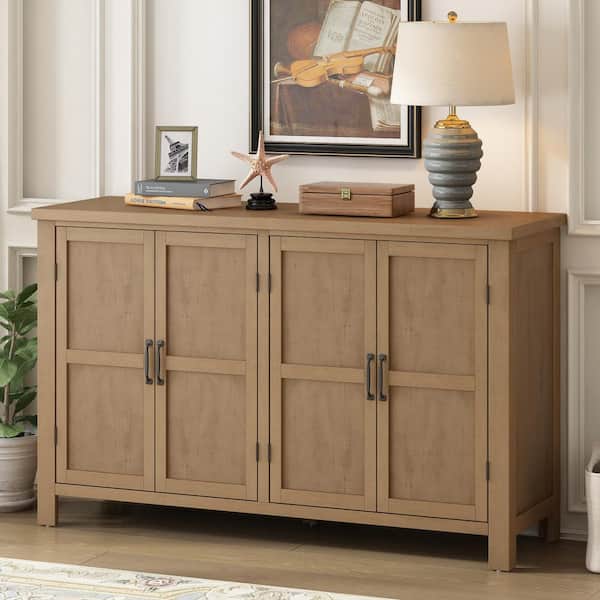 Harper & Bright Designs Natural Wood 51 in. 4-Door Storage Sideboard with Adjustable Shelves and Pine Wood Legs
