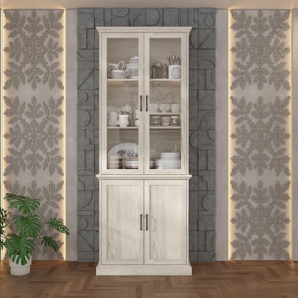 FUFU&GAGA Vintage Style Beige Wood Grain Wooden 31.5 in. W Sideboard, Bookcase, Storage Cabinet with 5-Shelves and 4-Doors