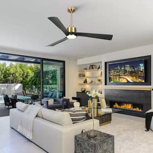 60 in. Smart Indoor Black and Gold Low Profile Ceiling Fan with Bright Integrated LED with Remote Included with Downrod