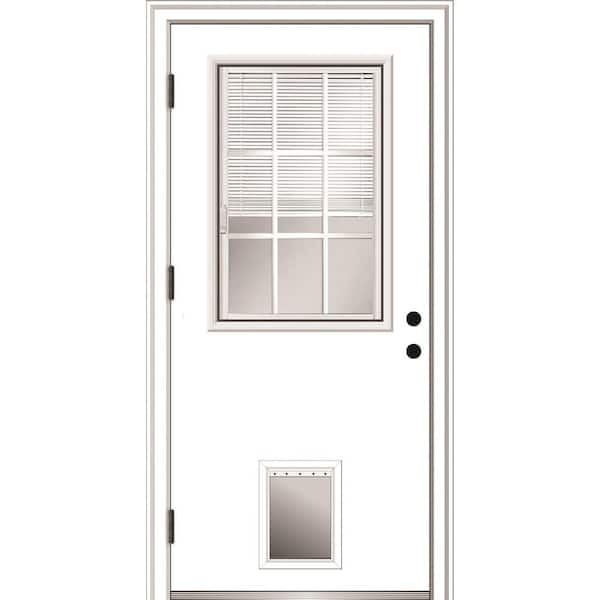 MMI Door 36 in. x 80 in. Internal Blinds/Grilles Right-Hand Outswing 1/2-Lite Clear Fiberglass Prehung Front Door with Pet Door