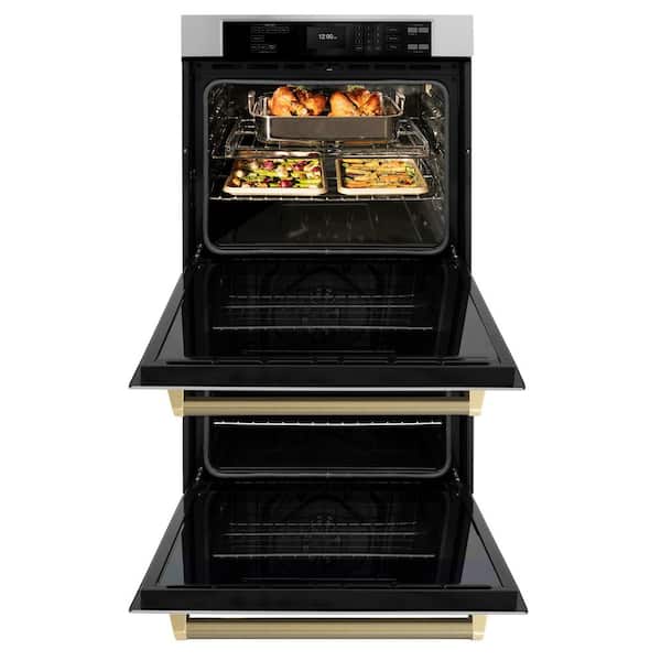 Autograph 30 in. True Convection Double Wall Oven with Air Fry in Stainless Steel with Champagne Bronze Helix Handles