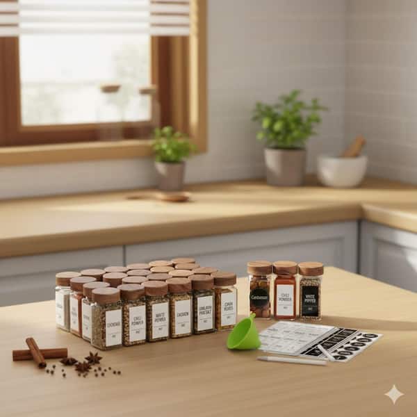 36 Glass Spice Jars Square Acacia Wood Lid Clear Labels Shaker Leakproof Seasoning Container Set for Kitchen Organizer