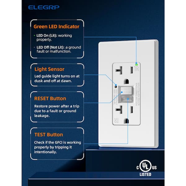 20 AMP 125V Duplex Tamper Resistant Self-Test GFCI Outlet with Night Light w/Screwless Wall Plate UL Listed WH (6-Pack)