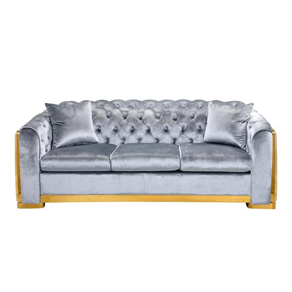 CSC DECOR INC 81.1 in. Wide Rolled Arm Velvet Modern Rectangle 3-Seater Chesterfield Sofa Tufted Couch with Gold Stainless in Gray