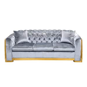 81.1 in. Wide Rolled Arm Velvet Modern Rectangle 3-Seater Chesterfield Sofa Tufted Couch with Gold Stainless in Gray