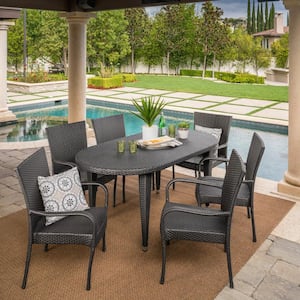 Jayson Grey 7-Piece Faux Rattan Oval Outdoor Patio Dining Set with Stackable Chairs