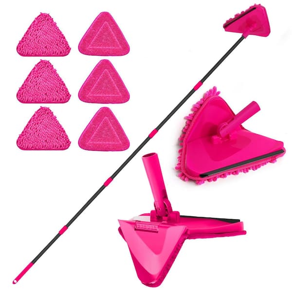 3-in-1 Cleaning Tool Duster with 82 in. Handle and 6 Replacement Microfiber Pads for Walls Roof Floor, Rose Red
