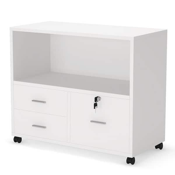 Tribesigns Frances White Mobile Lateral Filing-Cabinet with 3-Drawer and Open Storage Shelves