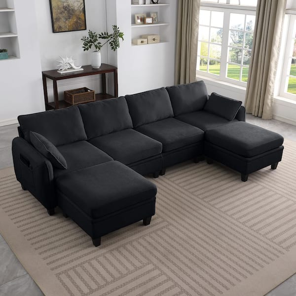 Ximena Modern 109.4 in. 6-Piece Chenille Modular Storage Sectional Sofa with Lift-Up Storage Ottomans in. Black