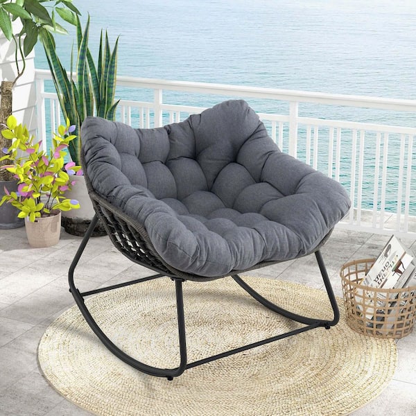 Wicker Outdoor Rocking Chair Oversized Patio Egg Chair Lounge Chair with Gray Cushion (1-Pack)