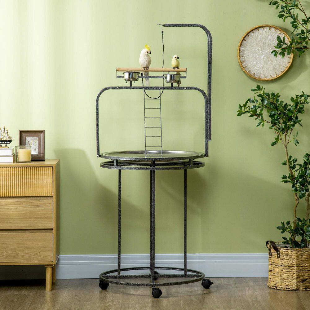 Gray Steel Bird Perch Stand with Toy Hook and Ladders
