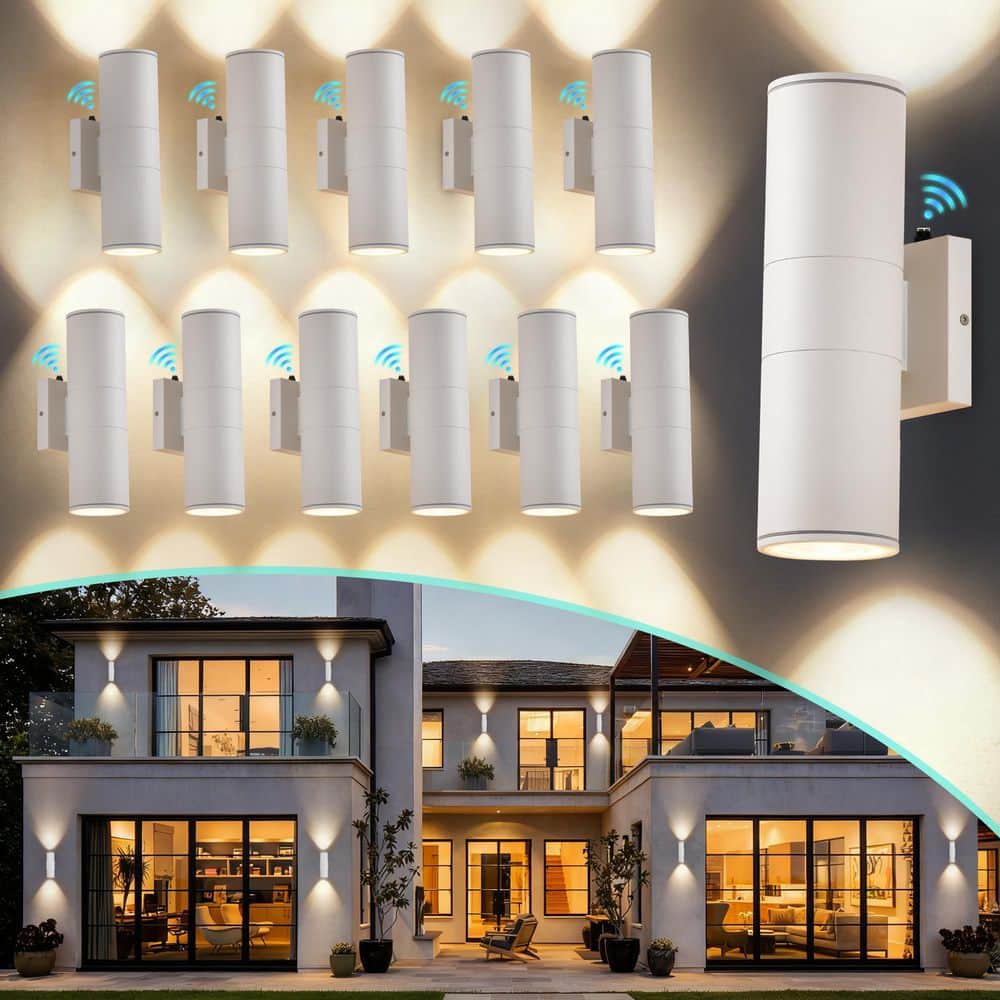 12 in. White Aluminum Modern Outdoor Up and Down Cylinder LED Wall Sconce with Dusk to Dawn (12-Pack)