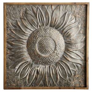 Metal Gray Sunflower Floral Wall Decor with Embossed Details