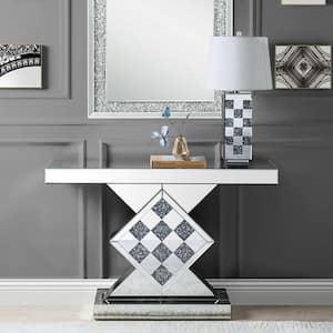 Noralie 47 in. Mirrored and Faux Diamonds Rectangle Glass Top with Wood Frame Console Table
