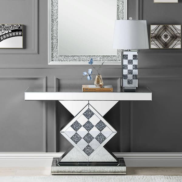 Acme Furniture Noralie 47 in. Mirrored and Faux Diamonds Rectangle Glass Top with Wood Frame Console Table