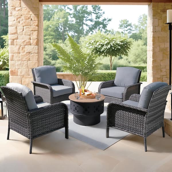 Toject Denali Gray 5-Piece Wicker Outdoor Patio Conversation Chair Set with a Wood-Burning Fire Pit and Dark Gray Cushions