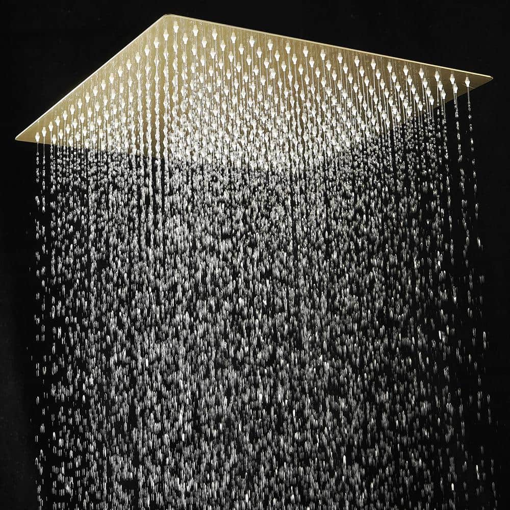 1-Spray 16 in. Single Wall Mount Square Fixed Rain Shower Head in Brushed Gold