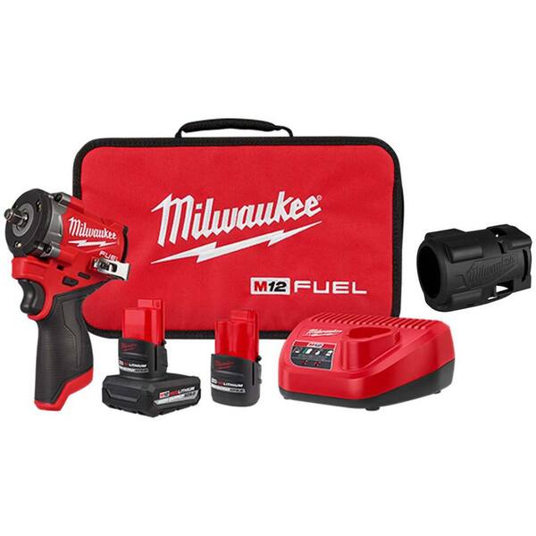Milwaukee M12 FUEL 12V Li Ion Brushless Cordless Stubby 3 8 in. Impact Wrench Kit w 2 High Output Batteries Boot 2562 22 49 16 2562 The Home Depot