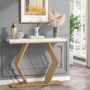 Turrella 42.5 in. Faux Marble White Console Table with Gold Base, Geometric Entryway Sofa Table Narrow Long