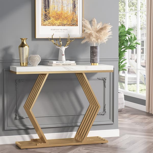 BYBLIGHT Turrella 42.5 in. Faux Marble White Console Table with Gold Base, Geometric Entryway Sofa Table Narrow Long