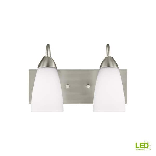 Generation Lighting - Seville 13 in. 2-Light Brushed Nickel Transitional Modern Wall Bathroom Vanity Light with White Glass and LED Bulbs