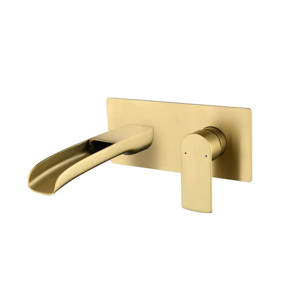 FLG Single Handle Waterfall Wall Mounted Bathroom Faucet with Valve Modern Brass Sink Vanity Basin Taps in Brushed Gold