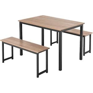 Modern 3-Pieces Dining Table Bench Set with Metal Frame and Wooden Tabletop Natural