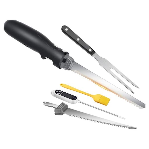 Serrated Stainless Steel Electric Knife with Ergonomic Handle, Cordless USB Rechargeable, Safety Lock, Set